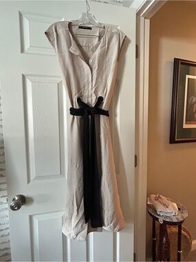 Zara Light Beige Linen Cap-Sleeve Dress with Black Sash